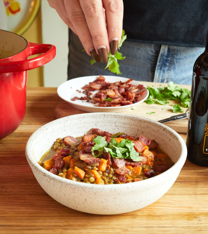 Sweet Potato & Lentil Soup with Bacon