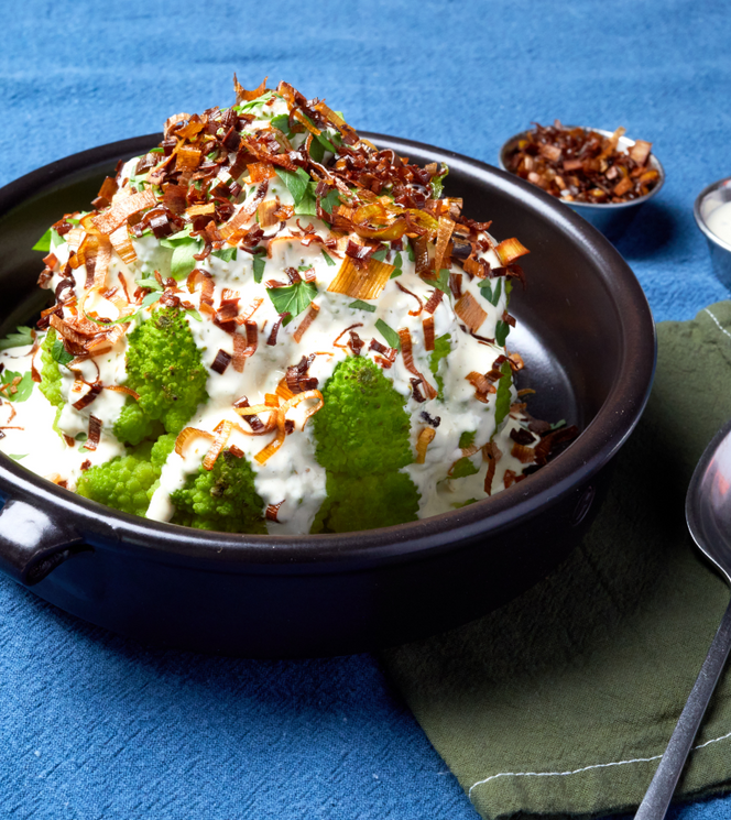 Whole Roasted Romanesco with Herby Ranch & Fried Leeks