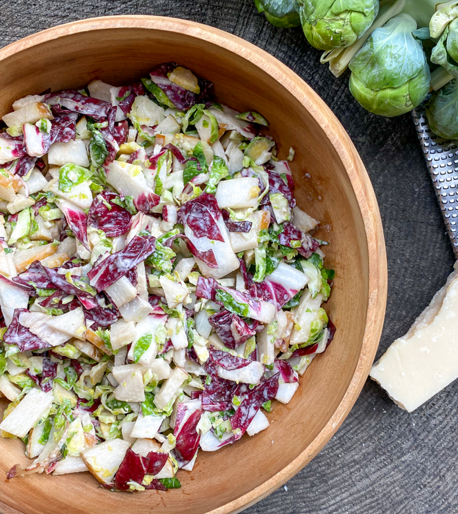 Radicchio, Brussels Sprouts, and Pear Salad with Creamy Caesar Dressing