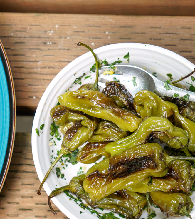 Blistered Shishitos with Miso Bacon Butter