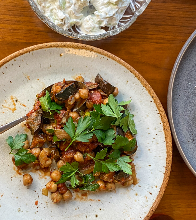 Musaka'a, Roasted Eggplant with Spiced Chickpeas & Tomatoes